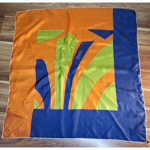 Pura Seta Authentic 30" X 30" Scarf Navy Blue Orange Green Geometric Art Deco